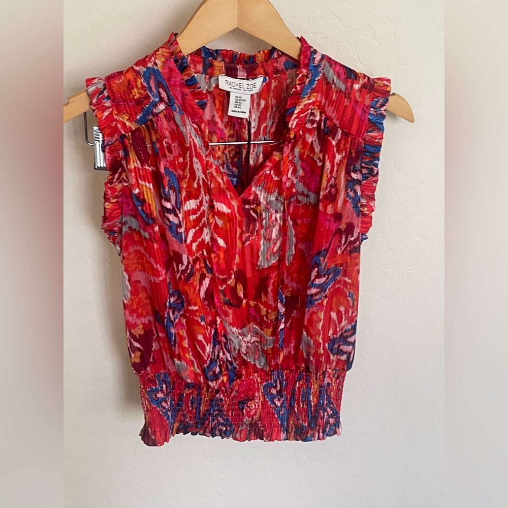 NWT Rachel Zoe Ruffle Sleeve Smocked Waist Top Red Blue Floral XS